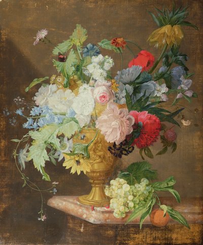 Stilleven van bloemen in een gouden vaas op een marmeren rand door Jan van Huysum