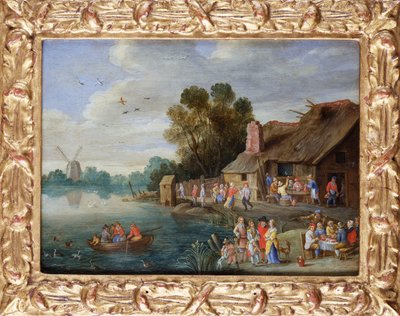 Een Rivierlandschap met Adel bij een Dorpsherberg door Jan van Kessel