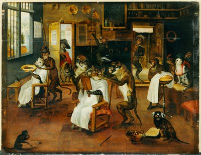 Een Singerie: Apenkappers die Katten Bedienen door Jan van Kessel