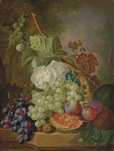 Bloemen, druiven, pruimen, walnoten en een meloen op een stenen richel door Jan van Os
