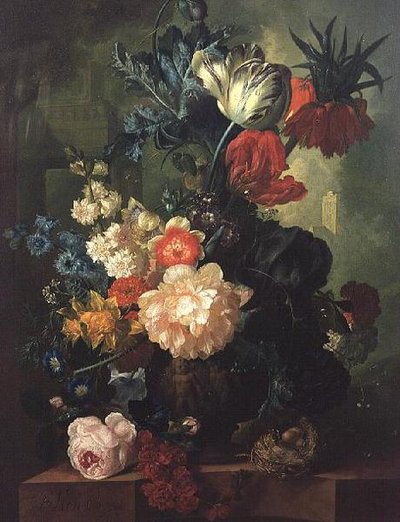Rozen, Tulpen, Anjers en andere bloemen in een gebeeldhouwde urn door Jan van Os