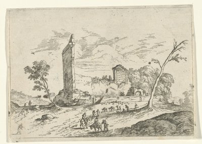 Landschap met Romeinse ruïne en ezelherders door Jan van Ossenbeeck (attributed to)