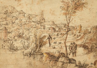 Landschap met herders bij een rivier en een stad erachter (recto); Figuurstudies en Romeinse ruïnes (verso) door Jan van Scorel