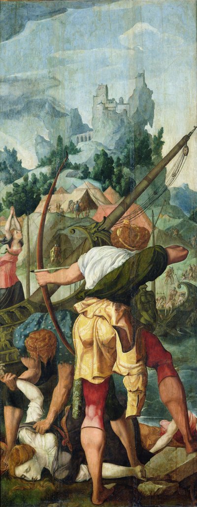 Het martelaarschap van de maagden, rechterpaneel van het drieluik van Sint Ursula en de elfduizend maagden door Jan van Scorel