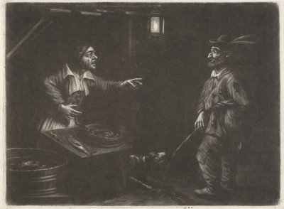 Nachtgezicht met visverkoopster en een urinerende man door Jan van Somer