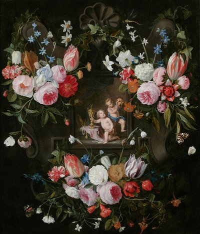 Een Cartouche Stilleven van Bloemen Rondom een Allegorisch Beeld van Putti met Kostbare Objecten en een Masker, 1648 door Jan van and Balen, Hendrik van Kessel