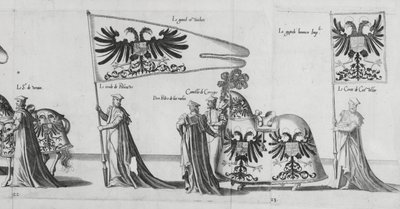 Banners bij de begrafenisstoet van keizer Karel V, 1559 door Jan van and Doetechum Doetechum the elder