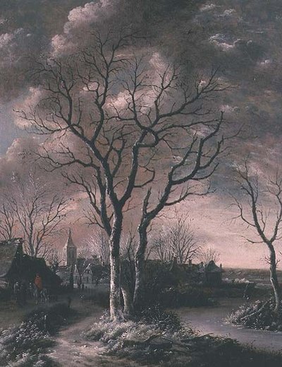 Een bevroren rivierlandschap met reizigers op een pad door Jan van de Capelle or Cappelle