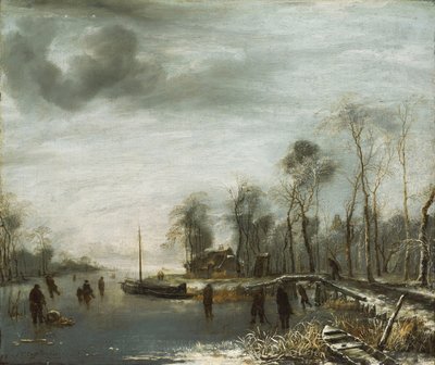 Een winterlandschap met schaatsers en colfspelers op een bevroren waterweg, 1653 door Jan van de Capelle or Cappelle