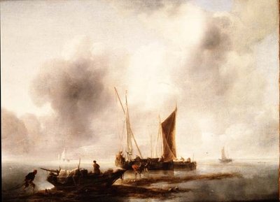 Vissers lossen hun vangst in een kalme zee door Jan van de Capelle or Cappelle
