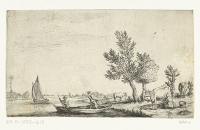 Rivierlandschap met twee mannen in een roeiboot door Jan van de Cappelle (attributed to)