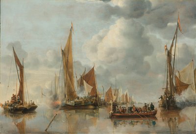 De thuiskomstvloot groet de staatsbark door Jan van de Cappelle