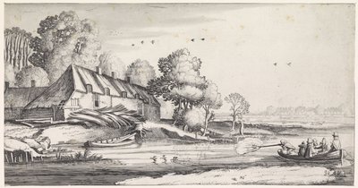 Eendenjacht op een rivier bij een boerderij door Jan van de Velde (II)