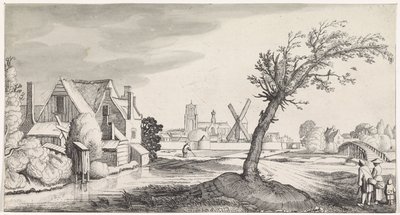 Familie bij een huis met een stad op de achtergrond door Jan van de Velde (II)