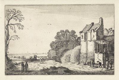 Figuren bij een huis en huifkarren op een landweg door Jan van de Velde (II)