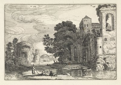 Figuren bij een kasteel bij een rivier Landschappen (series title) Amenissimae aliquot requculae (series title) door Jan van de Velde (II)