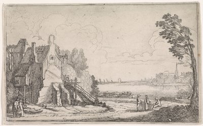 Figuren bij een vervallen huis aan een rivier (Rivierlandschappen) door Jan van de Velde (II)