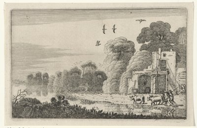 Figuren met koeien bij een ruïne door Jan van de Velde (II)