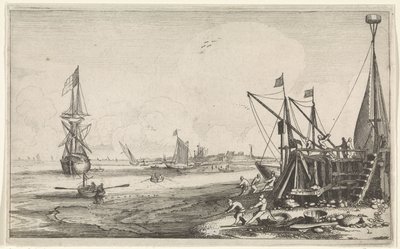 Havenhoofd met vissers die hun netten binnenhalen door Jan van de Velde (II)