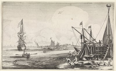 Havenhoofd met vissers die hun netten binnenhalen door Jan van de Velde (II)