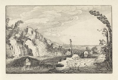 Huifkar op een pad in een bergachtig rivierlandschap door Jan van de Velde (II)