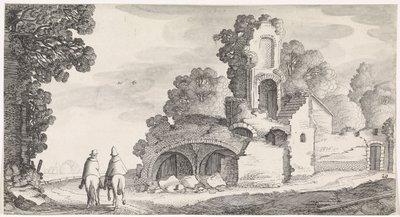 Landschap met ruïne en twee ruiters door Jan van de Velde (II)
