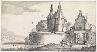 Soldaten bij een fort en een stadspoort aan een rivier door Jan van de Velde (II)