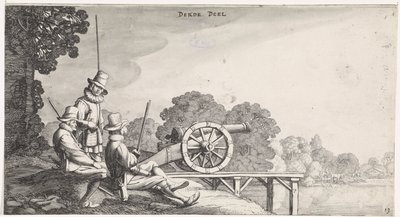 Soldaten bij een kanon op een steiger aan een rivier door Jan van de Velde (II)
