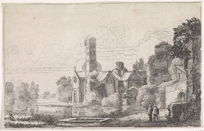 Twee monniken bij een abdij in een rivierlandschap door Jan van de Velde (II)