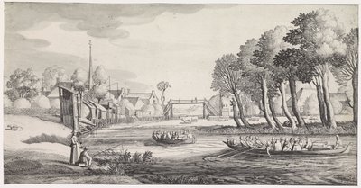 Twee roeiboten op een rivier bij een dorp door Jan van de Velde (II)