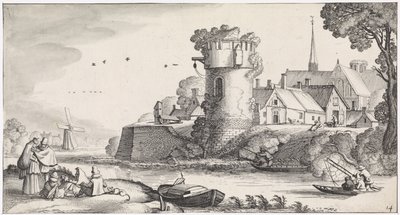 Wachttoren aan een rivier (Playsante lantschappen ende vermakelycke gesichten) door Jan van de Velde (II)