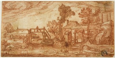 Kanaal met brug en huizen door Jan van de Velde II