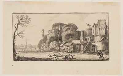 Landschap met varkens en twee marskramers, uit Zes landschappen door Jan van de Velde II