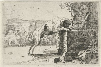 Hond bij een fontein door Jan van den Hecke