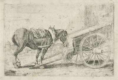 Paard bij een kar door Jan van den Hecke