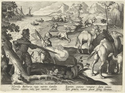 Zeelieden in een verschrikkelijk barbarenland doden kamelen met musketten om hun honger te stillen, illustratie uit 