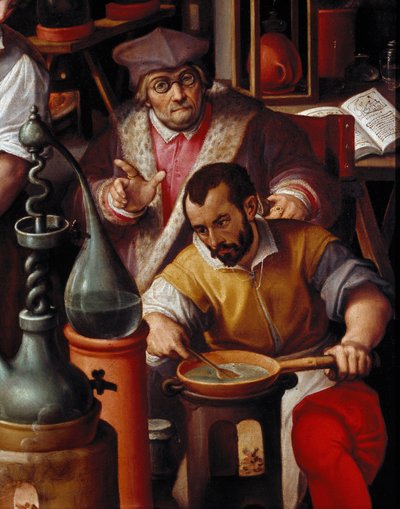Het laboratorium van de alchemist (detail) door Jan van der Straet