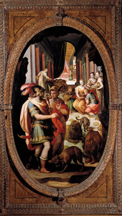 Ulysses, Mercurius en Circe. Met de metgezellen van Ulysses veranderd in varkens door Jan van der Straet
