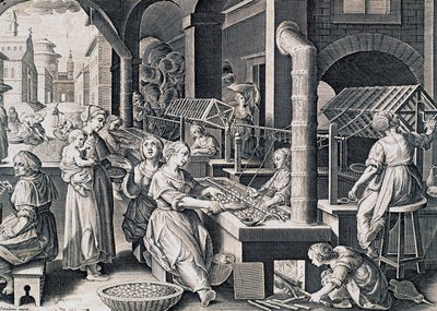 Vermis sericus, vrouwen spinnen zijde en verwarmen zijderupsen op vuur, gravure door Stradanus (1523-1605), Italië door Jan van der Straet