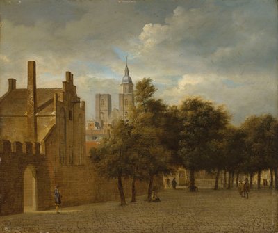 Een stadsgezicht met flanerende figuren, een kerk daarachter door Jan van der Heyden
