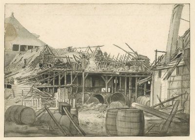 Overblijfselen van een uitgebrand pakhuis door Jan van der Heyden