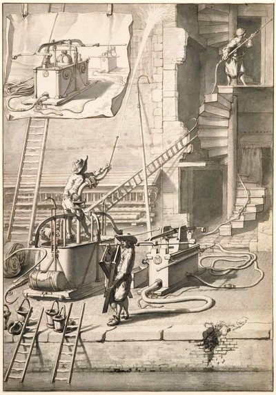 Vergelijking van de oude brandspuiten met Van der Heydens slangenbrandspuit door Jan van der Heyden