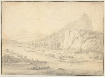 Bergachtig rivierlandschap met boten door Jan van der Meer (II)