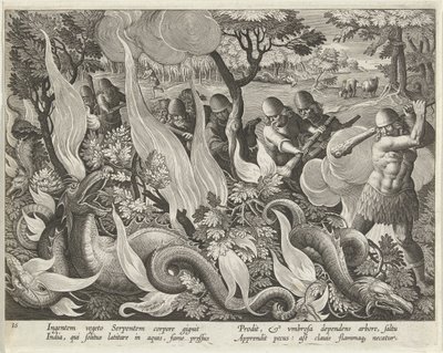 Slangen vangen in India met knuppels en fakkels om het struikgewas te verlichten, pub. 1640 gravure door Jan van der Straet