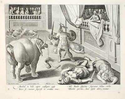 Hannibal laat verslagen Romeinen tegen elkaar vechten, illustratie uit 