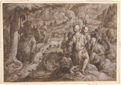 Mannen jagen op steenbokken met honden door Jan van der Straet