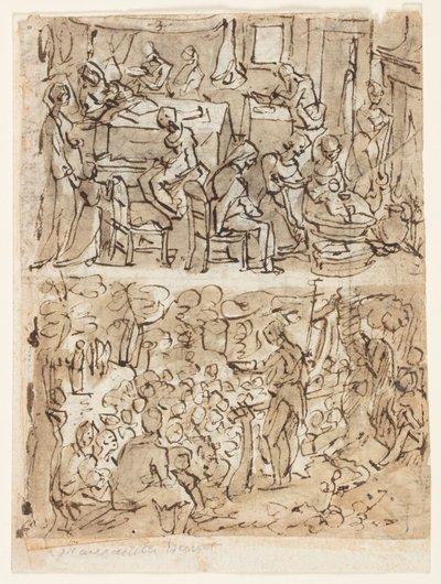 Vier scènes uit het leven van St. Johannes de Doper, voorlopige ontwerpen voor een prentenserie (recto en verso) door Jan van der Straet, called Stradanus