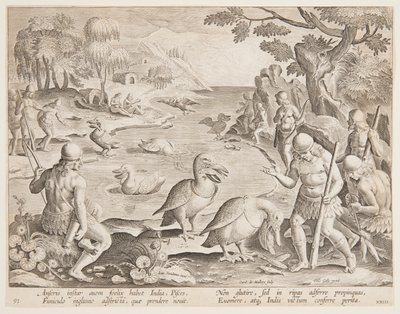 Indianen die vissen vangen met de hulp van pelikanen, plaat 23 in de Venationes Ferarum, Avium, Piscium serie door Jan van der Straet, called Stradanus