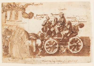 Pagina van een schetsboek; Wagen en drie paarden door Jan van der Straet, called Stradanus