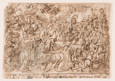 Pagina van een schetsboek; Exodus - verzamelen van manna; Offer door Jan van der Straet, called Stradanus